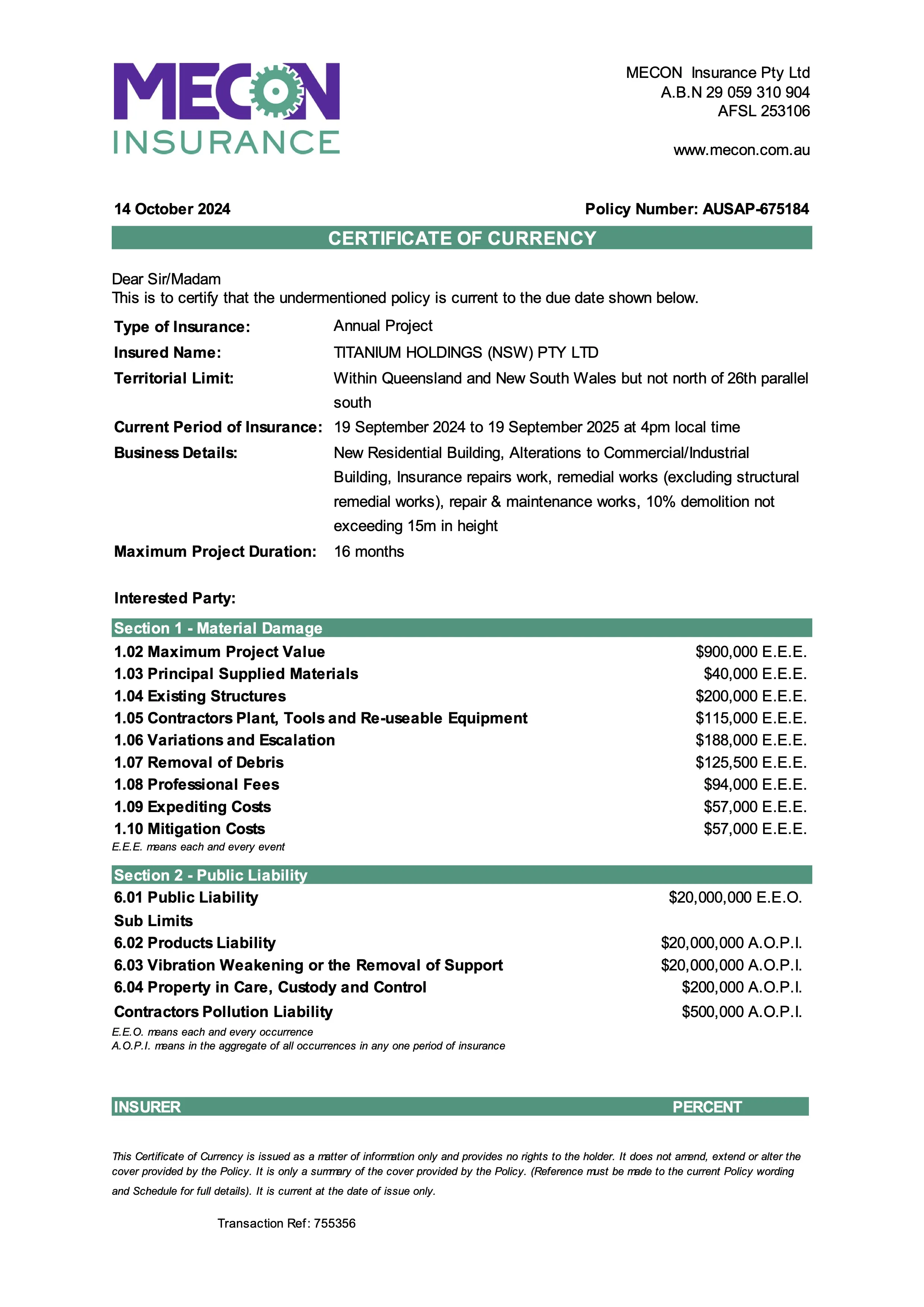 Certificate Of Currency - MECON Insurance