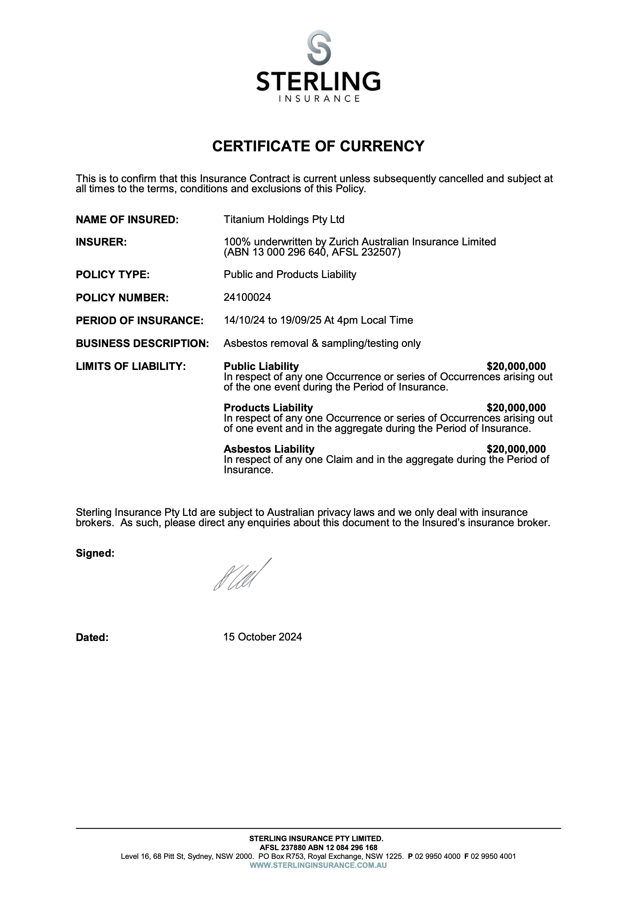 Certificate Of Currency - Sterling Insurance