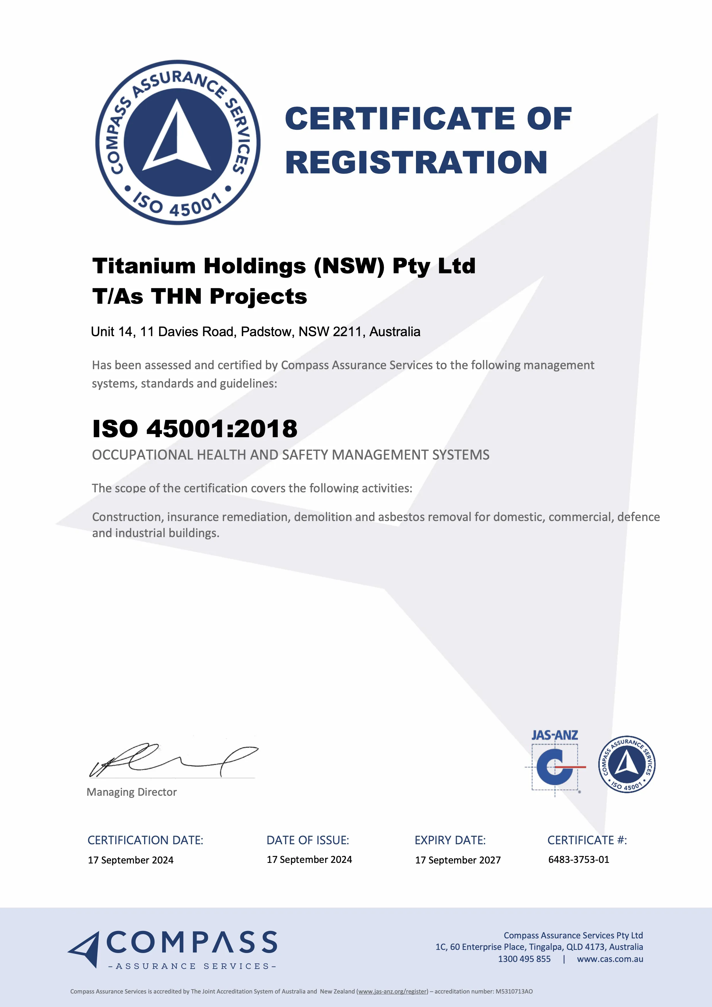 Titanium Holdings certificate