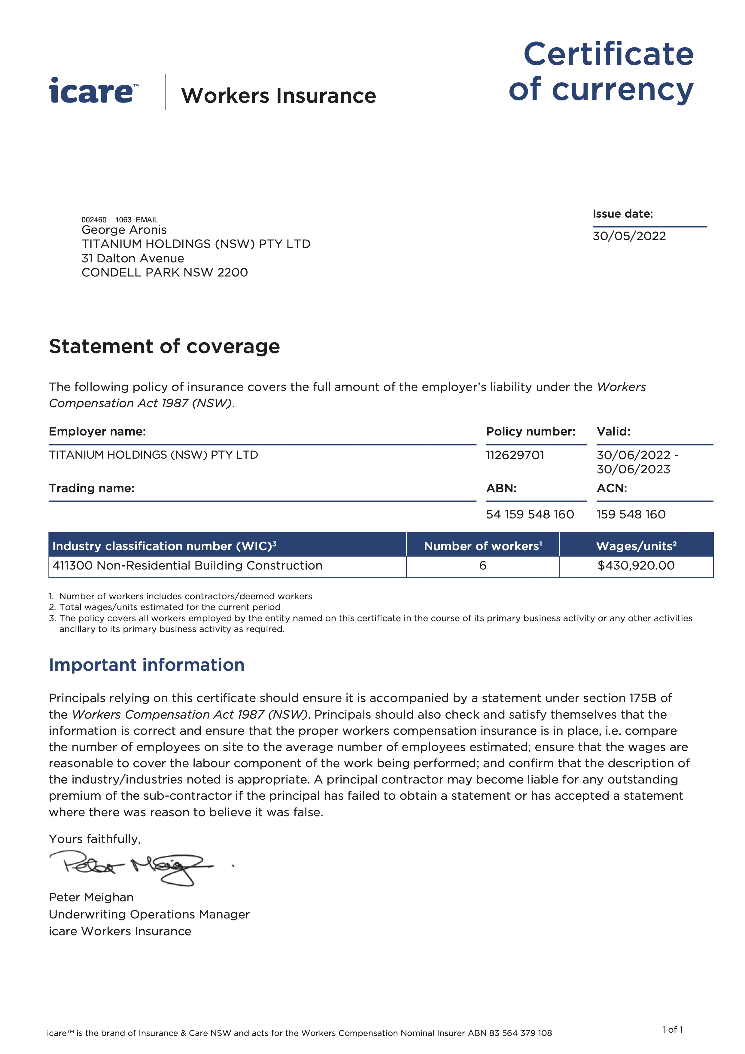 Certificate Of Currency - icare workers insurance