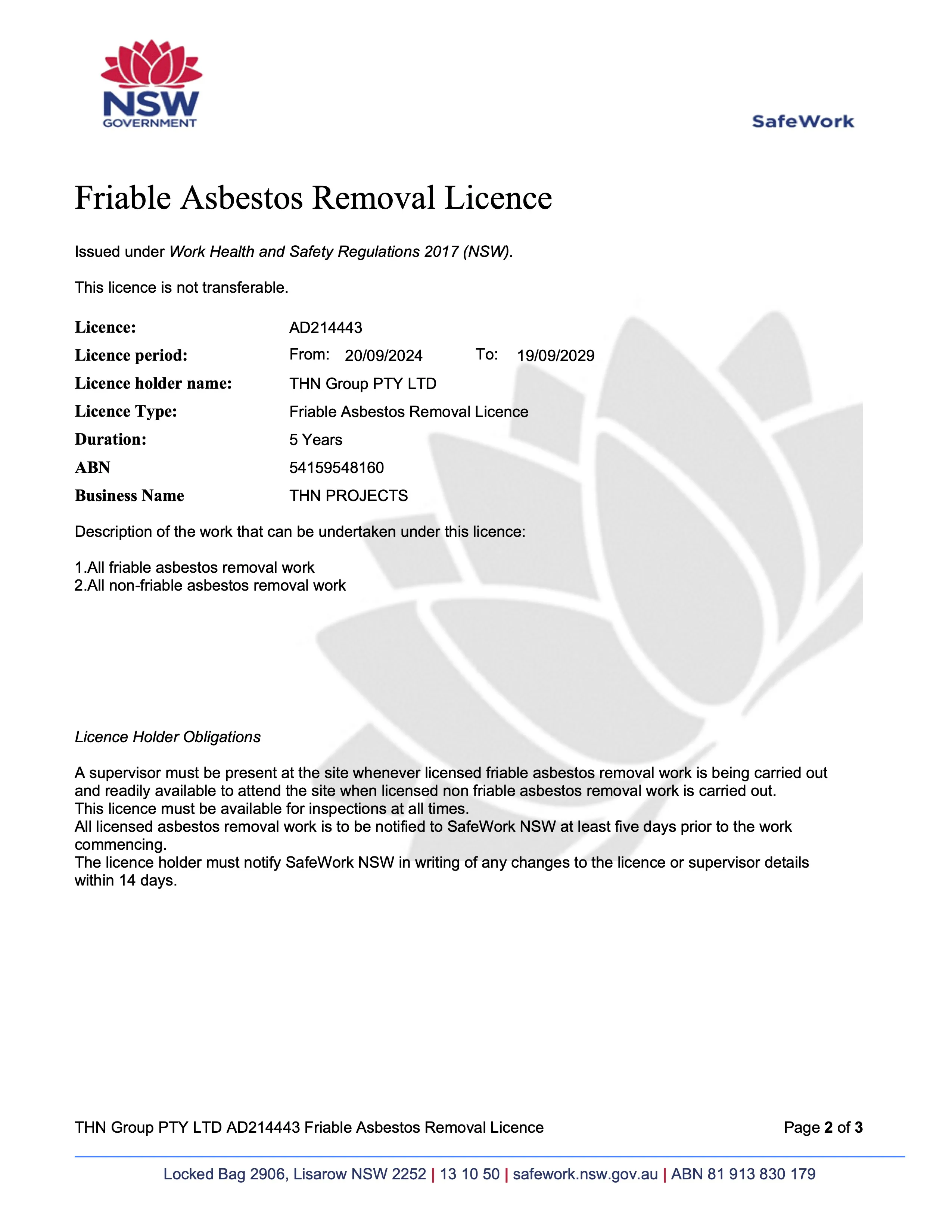 SafeWork NSW Friable Asbestos Removal License