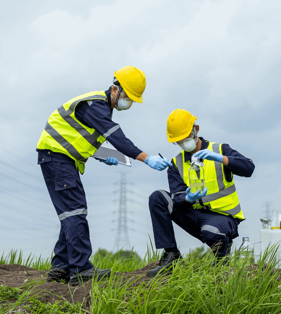 Two professional workers testing soil